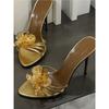 Sandálias de Salto Alto Finas Metálicas com Flor, Moda Nova Primavera/Verão 2026, Sapatos Femininos Estilosos de Nicho Sexy com Bico Aberto para Uso ao Ar Livre