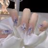 Uñas Almendradas Portátiles, Uñas Largas Estilo Europeo y Americano, Estilo Dulce y Fresco, Arte de Uñas con Pedrería Estrella Cruzada Blanco y Negro, Puntas de Uñas Postizas, Pegatinas para Uñas