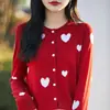 Cárdigan de Punto de Lana Peinada Retro Cuello Redondo 2026 Nuevo Estilo Primavera y Verano Combinación de Colores Corazón Top Holgado Chaqueta para Mujer