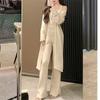 Conjunto de Três Peças Outono/Inverno 2026 Feminino: Cardigan Tricotado de Comprimento Médio com Camiseta Justa e Calça Casual de Tricô Wide Leg