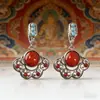Pendientes Retro Artísticos de Plata Esterlina S925 Pendientes de Ágata Roja del Sur Pendientes Exóticos con Forma de Abanico Estilo Tíbet