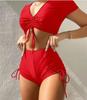 Conjunto Feminino Estilo Europeu e Americano com Laço de Gravata, Moda Maiô Estilo Vestido, Costas Abertas, Conjunto de Duas Peças de Manga Curta para Praia Estilo Europeu e Americano