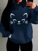 Moletom Feminino Longo de Lã para Primavera 2026 Moda Outono Inverno Moletom Casual Feminino com Bolso e Design de Gato Feliz