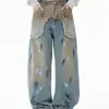 Jeans Punk Retro Tendência Wasteland Tinta Salpicada Grafite Lavado Desgastado Bigodes Design Calças Largas Foice Homem