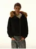 Sudadera con capucha estilo retro americano de retazos con cuello de pelo para hombre y mujer, diseño de otoño e invierno, chaqueta corta gruesa, moderna