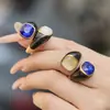 Anillo Abierto de Acero Inoxidable Chapado en Oro de 18 Quilates con Diseño de Piedra Ojo de Gato Azul de Alta Calidad, Estilo Ins de Nicho Europeo y Americano