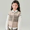 Roupa infantil 100% lã pura, colete de tricô com padrão de losangos para meninos e meninas, colete quente de gola redonda para usar por dentro ou por fora