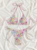 Bikini plisado con estampado floral de colores frescos, copa suave, realce para busto pequeño, traje de baño para vacaciones en aguas termales y playa para mujer