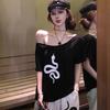 Playera de Algodón Puro de Manga Corta Estilo Neutro Perezoso para Mujer con Hombros Descubiertos Estampada de Media Manga Top con Hombros Inclinados Verano