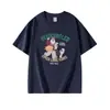 Camiseta de Manga Corta de Algodón Puro con Cuello Redondo Azul Oscuro para Mujer, Nuevo Estilo de Verano, Estampado de Dibujos Animados Retro Americano, Top Holgado Casual