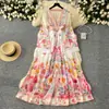 Vestido estilo cortesano para mujer, primavera 2025, estilo socialité europeo y americano, escote en V profundo, mangas abullonadas, cintura con hebilla, falda larga estampada.