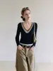 Camiseta de manga larga azul marino estilo coreano Forever con ribete de encaje contrastante para mujer, top de otoño ajustado
