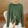 Suéter de punto acanalado beige con cuello redondo para mujer, nueva camisa base ajustada lista para usar de otoño e invierno, top para mujer