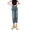 Figura em Pera Jeans Reto Retro Torre Feminino Início do Outono plus size garota cheinha Cobre o Quadril Cintura Alta Emagrecedor Calças Harem