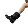 Botas empilhadas plissadas estilo retrô, botas calça versáteis com salto grosso, botas cowboy western de cano médio com fivela de cinto, botas de calçar únicas para mulheres