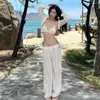 Conjunto de Roupa de Banho Estilo Férias para Mulheres 2026 Verão Off-White Biquíni Tomara que Caia Camisa de Renda Saída de Praia Peça Externa Calça Longa