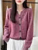 Cárdigan de lana 100% para mujer, punto grueso de 357 agujas con cuello redondo y estampado floral, para otoño e invierno, tejido holgado y adelgazante
