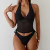 Bikini de dos piezas separado para mujer, de estilo nuevo, color liso, sexy, con cordones en la espalda, sin espalda, para playa, transfronterizo europeo y americano