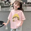 Camiseta Manga Curta 100% Algodão Puro para Meninas Verão 2026 Novo Estilo Top Estiloso Manga Meia para Crianças Pequenas e Médias Roupa de Verão