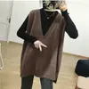 Chaleco de punto estilo coreano, simple y casual, cuello en V profundo, de longitud media, holgado, suéter de talla grande, chaleco versátil para que las mujeres lo usen como prenda exterior