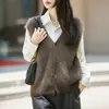 Chaleco sin mangas de lana cachemir, top de forro polar de punto para invierno, cárdigan, chaleco de otoño para mujer, nuevo diseño de cuello en V