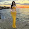 Bikini de tres piezas con estampado de flores divididas en nicho amarillo jengibre de Tailandia para vacaciones en la isla, traje de baño adelgazante de aguas termales para mujer