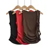 1037-26 Regata Lisa de Verão Estilo Coreano Slim Fit Gola Redonda com Pregas Sem Mangas e Fita