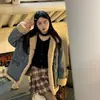 Jaqueta Jeans Vintage de Lã de Cordeiro para Mulheres, Parka Acolchoada Grossa de Pelo Casual Solta para Outono e Inverno