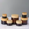 Frasco de crema de vidrio marrón con tapa de veta de madera, frasco de muestra, frasco dispensador de gel de aloe vera cosmético, crema para ojos, crema facial, botella de loción