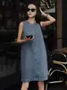 Vestido de Mezclilla sin Mangas Espalda Descubierta Estilo Francés Retro 2025 Nuevo Verano para Mujer Holgado Adelgazante Casual Corto