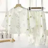 Traje de Algodón Nube para Niños Verano Manga Siete Puntos Cárdigan Holgado Niñas Ropa de Casa Delgada Pijamas para Niños Conjunto de Dos Piezas