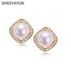 Pendientes de perlas de agua dulce naturales de origen Zhuji para mujer, cuadrados, atmosféricos, de alta calidad, con circonita, al por mayor, comercio exterior
