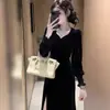 Descanso para el Té Estilo Francés Lujo Ligero Socialité Estilo Callejero Diseñador de Nicho Vestido Largo Vestido de Terciopelo Negro para Mujer Temporada de Primavera y Otoño