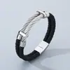 Pulsera de cordón de cuero negro de doble capa estilo business exclusiva transfronteriza con brazalete de alambre tejido de acero inoxidable para hombre