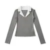 Bt936-25 Otoño Nuevo Estilo Europeo y Americano Costura Cuello de Camisa Contrastante Manga Larga Top Casual Camisa Base Camiseta para Mujer