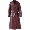 Abrigo de cuero con cordones de doble botonadura de longitud media para mujer Haining, gabardina elegante, nueva chaqueta de piel de oveja para otoño e invierno