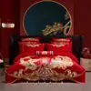 Set de Boda de Algodón con Bordado de Dragón y Fénix Juego de Varias Piezas Habitación de Boda Set de Cuatro Piezas de Algodón de Fibra Larga Ropa de Cama Festiva Roja para Boda