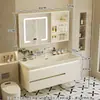 Gabinete de baño con lavabo integrado de piedra chapado en oro de lujo ligero estilo italiano, juego de tocador para baño
