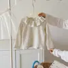Camiseta Estilo Coreano Primavera/Otoño Ropa Infantil Niñas Bebé Floral Manga Larga Cuello con Volantes Base Floral Cuello de Muñeca Top de Moda