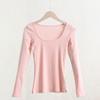 Primavera, Verano y Otoño Retro Francés Estilo Suave de Noche Rosa Ajustada Cuello Redondo Fina Camiseta Básica de Manga Larga