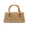 Bolso de mano de paja con asa de bambú vintage para mujer, correa de hombro ancha de cuero desmontable, bolso pequeño cruzado de doble uso, bolso cuadrado pequeño tejido