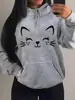 Moletom Feminino Longo de Lã para Primavera 2026 Moda Outono Inverno Moletom Casual Feminino com Bolso e Design de Gato Feliz