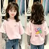 Camiseta infantil de manga longa listrada em patchwork, novo estilo primavera/outono, design de desenho animado, para crianças de tamanho médio e grande, casual, corte solto, algodão puro, top de gola redonda