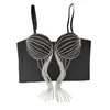 Corsé de Espina de Pescado con Camisola de Borla de Cadena Incrustada de Diamantes, Top de Malla de Color Sólido Delgado Estilo Hot Girl con Tirantes Desmontables