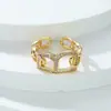 Anel Vintage de Elo Oco com Zircônia, Anel Aberto Dourado em Forma de Ferradura Cheio de Diamantes