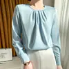 26 Camisa Pulóver de Seda Acetato Plisada de Cuello Redondo y Manga Larga de Verano, Ropa Básica de Moda y Sencilla para Mujer