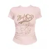 Camiseta Rosa de Manga Corta y Cuello Redondo para Mujer, Nuevo Estilo de Verano, Estampado de Gato Dulce de Dibujos Animados, Top Ajustado