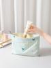 Bolsa de Maquillaje de Tela con Lazo Bordado a Rayas, Fresca y Sencilla, Bolsa de Almacenamiento Portátil para Cuidado de la Piel, Bolso de Mano de Gran Capacidad