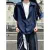 Camisa Azul Marino Falsa de Dos Piezas Manga Corta para Hombre Verano Imitación Lino Camiseta con Cuello en V Camisa Ligera Chaqueta de Solapa de Media Manga