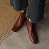 Botines Cortos de Cuero Genuino Estilo Retro Francés Otoño Invierno Versátiles para el Trabajo Tacón Grueso Punta Cuadrada Botas Martin Cross-border Comercio Exterior Botas Negras para Mujer